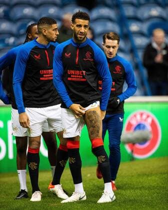 Mandatory Credit: Photo by Kirk O Rourke Rangers FC Shutterstock (12547535bd) Connor Goldson of Rangers warms up for the Europa League match at Ibrox Stadium, Glasgow. Rangers v Brondby, UEFA Europa League, Group A, Football, Ibrox Stadium, Glasgow, UK - 21 Oct 2021 EDITORIAL USE ONLY No use with unauthorised audio, video, data, fixture lists, club league logos or live services. Online in-match use limited to 120 images, no video emulation. No use in betting, games or single club league player publications. Rangers v Brondby, UEFA Europa League, Group A, Football, Ibrox Stadium, Glasgow, UK - 21 Oct 2021 EDITORIAL USE ONLY No use with unauthorised audio, video, data, fixture lists, club league logos or live services. Online in-match use limited to 120 images, no video emulation. No use in betting, games or single club league player publications. Copyright: xKirkxO Rourke RangersxFC Shutterstockx 12547535bd