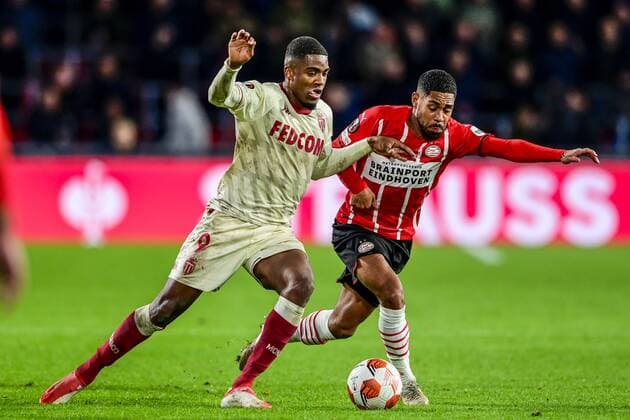 EINDHOVEN lr Myron Boadu of AS Monaco, Phillipp Mwene of PSV Eindhoven during the UEFA Europa League match between PSV Eindhoven and AS Monaco at Phillips Stadium on October 21, 2021 in Eindhoven, Netherlands ANP OLAF KRAAK UEFA Europa League 2021 2022 xVIxANPxSportx xxANPxIVx 439504147