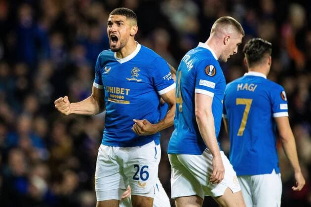 Mandatory Credit: Photo by Kirk O Rourke Rangers FC Shutterstock (12547535bo) Leon Balogun of Rangers celebrates his goal during the Europa League match at Ibrox Stadium, Glasgow. Rangers v Brondby, UEFA Europa League, Group A, Football, Ibrox Stadium, Glasgow, UK - 21 Oct 2021 EDITORIAL USE ONLY No use with unauthorised audio, video, data, fixture lists, club league logos or live services. Online in-match use limited to 120 images, no video emulation. No use in betting, games or single club league player publications. Rangers v Brondby, UEFA Europa League, Group A, Football, Ibrox Stadium, Glasgow, UK - 21 Oct 2021 EDITORIAL USE ONLY No use with unauthorised audio, video, data, fixture lists, club league logos or live services. Online in-match use limited to 120 images, no video emulation. No use in betting, games or single club league player publications. Copyright: xKirkxO Rourke RangersxFC Shutterstockx 12547535bo