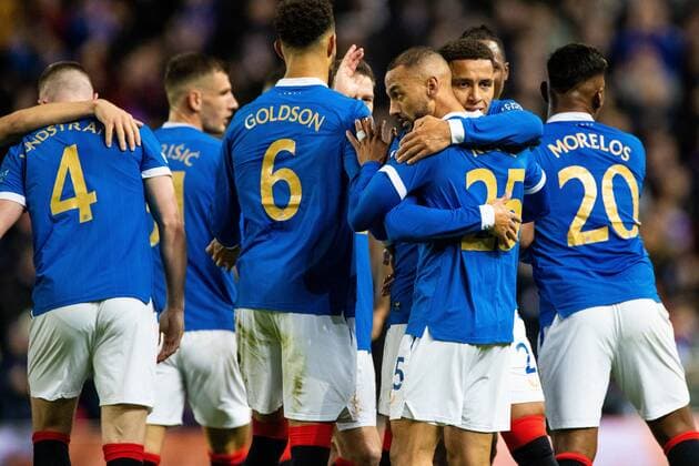 Mandatory Credit: Photo by Kirk O Rourke Rangers FC Shutterstock (12547535cj) Kemar Roofe of Rangers celebrates his goal with his team mates during the Europa League match at Ibrox Stadium, Glasgow. Rangers v Brondby, UEFA Europa League, Group A, Football, Ibrox Stadium, Glasgow, UK - 21 Oct 2021 EDITORIAL USE ONLY No use with unauthorised audio, video, data, fixture lists, club league logos or live services. Online in-match use limited to 120 images, no video emulation. No use in betting, games or single club league player publications. Rangers v Brondby, UEFA Europa League, Group A, Football, Ibrox Stadium, Glasgow, UK - 21 Oct 2021 EDITORIAL USE ONLY No use with unauthorised audio, video, data, fixture lists, club league logos or live services. Online in-match use limited to 120 images, no video emulation. No use in betting, games or single club league player publications. Copyright: xKirkxO Rourke RangersxFC Shutterstockx 12547535cj