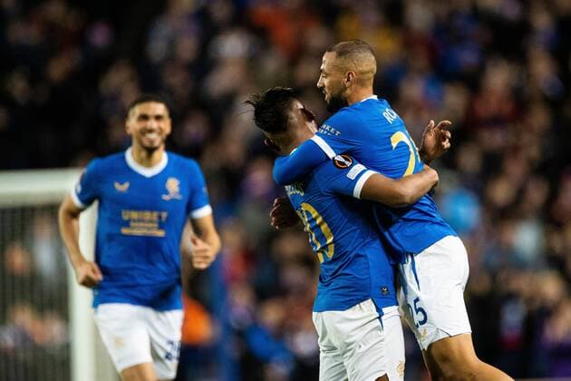 Mandatory Credit: Photo by Kirk O Rourke Rangers FC Shutterstock (12547535ck) Kemar Roofe of Rangers celebrates his goal during the Europa League match at Ibrox Stadium, Glasgow. Rangers v Brondby, UEFA Europa League, Group A, Football, Ibrox Stadium, Glasgow, UK - 21 Oct 2021 EDITORIAL USE ONLY No use with unauthorised audio, video, data, fixture lists, club league logos or live services. Online in-match use limited to 120 images, no video emulation. No use in betting, games or single club league player publications. Rangers v Brondby, UEFA Europa League, Group A, Football, Ibrox Stadium, Glasgow, UK - 21 Oct 2021 EDITORIAL USE ONLY No use with unauthorised audio, video, data, fixture lists, club league logos or live services. Online in-match use limited to 120 images, no video emulation. No use in betting, games or single club league player publications. Copyright: xKirkxO Rourke RangersxFC Shutterstockx 12547535ck