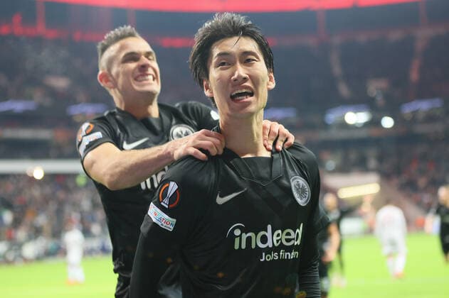 Eintracht Frankfurt Olympiakos Piraeus, UEFA Europa League Goal to 3 1 by Daichi Kamada Eintracht Frankfurt, 15 , hnter him Rafael Santos BorrÃ , Borre Eintracht Frankfurt, 19 UEFA Europa League match between Eintracht Frankfurt and Olympiakos Piraeus on 21 October 2021 at Deutsche Bank Park in Frankfurt am Main , Frankfurt am Main Hesse Germany Deutsche Bank Park