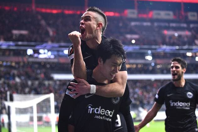 Football Europa League Matchday 3 Eintracht Frankfurt Olympiakos Piraeus on 21 10 2021 at Deutsche Bank Park in Frankfurt Goal to 3 1 by Daichi Kamada Frankfurt Rafael Borre Frankfurt xHDx