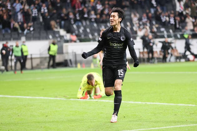 Eintracht Frankfurt Olympiakos Piraeus, UEFA Europa League Goal to 3 1 by Daichi Kamada Eintracht Frankfurt, 15 match of the UEFA Europa League between Eintracht Frankfurt and Olympiakos Piraeus on 21 October 2021 at Deutsche Bank Park in Frankfurt am Main , Frankfurt am Main Hesse Germany Deutsche Bank Park