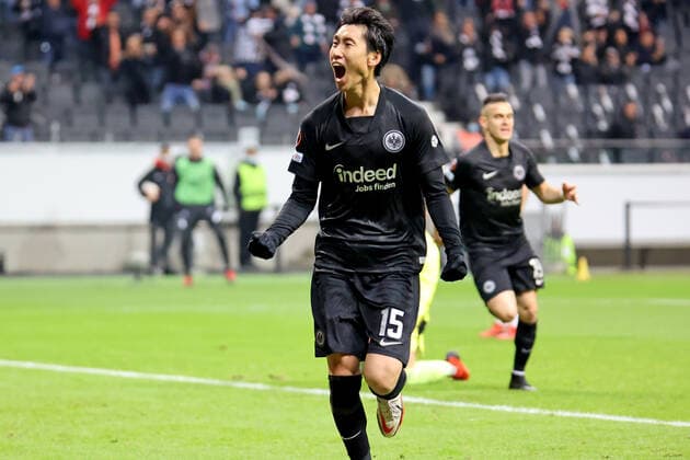Frankfurt, Germany 21 October 2021 Europa League 2021 2022 Eintracht Frankfurt vs Olympiakos Piraeus Goal scorer Daichi Kamada Frankfurt is delighted with his goal to make it 3 1 Deutsche Bank Park Hessen Copyright: xFotostandx xRacochax