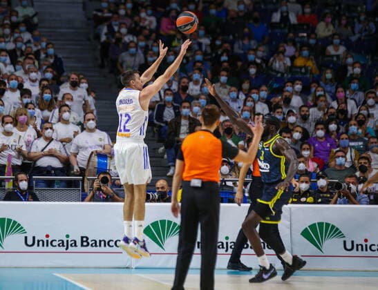 15th October 2021; Wizink Center; Madrid, Spain; Turkish Airlines Euroleague Basketball , Real Madrid versus Fenerbahce Beko Istanbul; Carlos Alocen (Real Madrid Baloncesto) for three points  ActionPlus12332428 AgenciaLOF