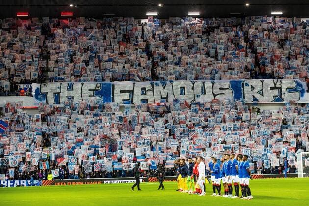 Mandatory Credit: Photo by Kirk O Rourke Rangers FC Shutterstock (12547535di) Rangers and Brondby line up during the Europa League match at Ibrox Stadium, Glasgow. Rangers v Brondby, UEFA Europa League, Group A, Football, Ibrox Stadium, Glasgow, UK - 21 Oct 2021 EDITORIAL USE ONLY No use with unauthorised audio, video, data, fixture lists, club league logos or live services. Online in-match use limited to 120 images, no video emulation. No use in betting, games or single club league player publications. Rangers v Brondby, UEFA Europa League, Group A, Football, Ibrox Stadium, Glasgow, UK - 21 Oct 2021 EDITORIAL USE ONLY No use with unauthorised audio, video, data, fixture lists, club league logos or live services. Online in-match use limited to 120 images, no video emulation. No use in betting, games or single club league player publications. Copyright: xKirkxO Rourke RangersxFC Shutterstockx 12547535di