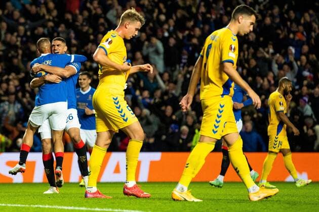 Mandatory Credit: Photo by Kirk O Rourke Rangers FC Shutterstock (12547535dw) Leon Balogun of Rangers celebrates his goal with Kemar Roofe during the Europa League match at Ibrox Stadium, Glasgow. Rangers v Brondby, UEFA Europa League, Group A, Football, Ibrox Stadium, Glasgow, UK - 21 Oct 2021 EDITORIAL USE ONLY No use with unauthorised audio, video, data, fixture lists, club league logos or live services. Online in-match use limited to 120 images, no video emulation. No use in betting, games or single club league player publications. Rangers v Brondby, UEFA Europa League, Group A, Football, Ibrox Stadium, Glasgow, UK - 21 Oct 2021 EDITORIAL USE ONLY No use with unauthorised audio, video, data, fixture lists, club league logos or live services. Online in-match use limited to 120 images, no video emulation. No use in betting, games or single club league player publications. Copyright: xKirkxO Rourke RangersxFC Shutterstockx 12547535dw