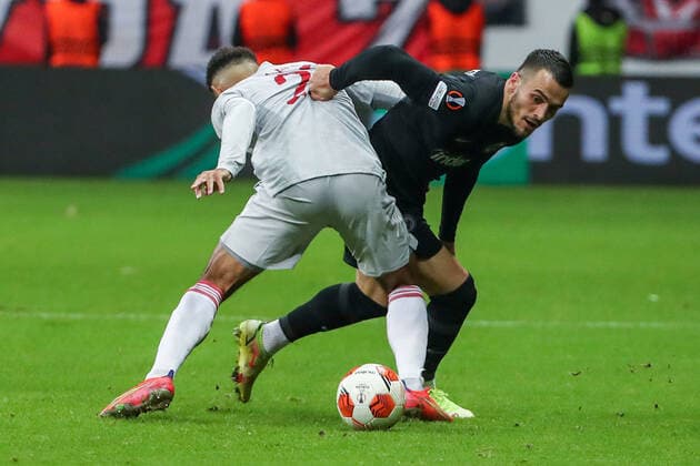 Football UEFA Europa League 03 matchday Eintracht Frankfurt Olympiakos Piraeus on 21 10 2021 at Deutsche Bank Park in Frankfurt Filip Kostic Frankfurt in a duel with Kenny Lala Olympiacos UR