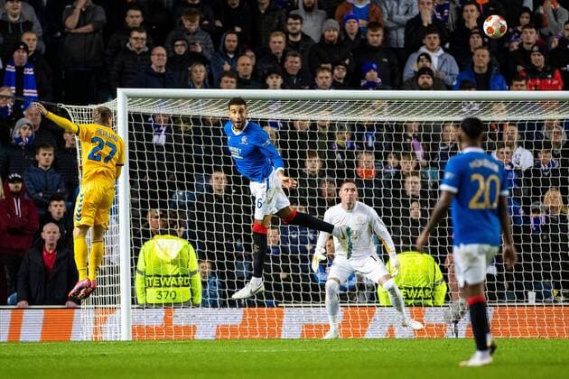 Mandatory Credit: Photo by Kirk O Rourke Rangers FC Shutterstock (12547535et) Connor Goldson of Rangers heads clear during the Europa League match at Ibrox Stadium, Glasgow. Rangers v Brondby, UEFA Europa League, Group A, Football, Ibrox Stadium, Glasgow, UK - 21 Oct 2021 EDITORIAL USE ONLY No use with unauthorised audio, video, data, fixture lists, club league logos or live services. Online in-match use limited to 120 images, no video emulation. No use in betting, games or single club league player publications. Rangers v Brondby, UEFA Europa League, Group A, Football, Ibrox Stadium, Glasgow, UK - 21 Oct 2021 EDITORIAL USE ONLY No use with unauthorised audio, video, data, fixture lists, club league logos or live services. Online in-match use limited to 120 images, no video emulation. No use in betting, games or single club league player publications. Copyright: xKirkxO Rourke RangersxFC Shutterstockx 12547535et