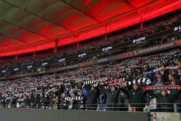 Football UEFA Europa League 03 matchday Eintracht Frankfurt Olympiakos Piraeus on 21 10 2021 at Deutsche Bank Park in Frankfurt Eintracht Frankfurt fans all hold up their scarves UR