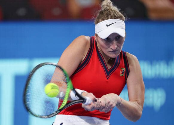 MOSCOW, RUSSIA - OCTOBER 22, 2021: The Czech Republic s Marketa Vondrousova in action in her womenâ€™s singles quarterfinal tennis match against Russia s Anastasia Pavlyuchenkova at the VTB Kremlin Cup 2021 at Irina Viner-Usmanova Rhythmic gymnastics, Rhythmische Sportgymnastik, RSG Center. Mikhail Tereshchenko TASS  TS115315