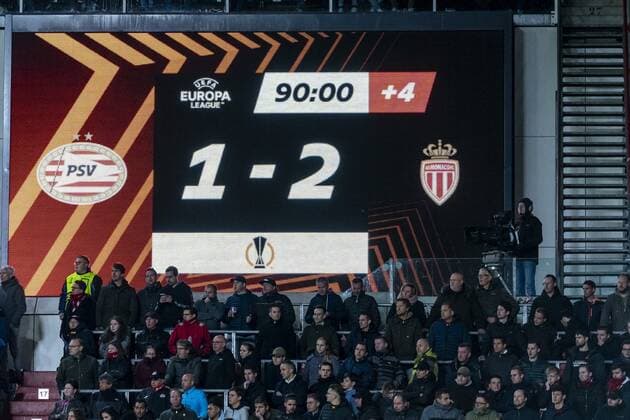EINDHOVEN, Netherlands, 21-10-2021, football, Philips stadium, Europa League, season 2021 2022, during the match PSV - Monaco, scoreboard with te 1-2 PSV - Monaco  x14005970x Copyright:
