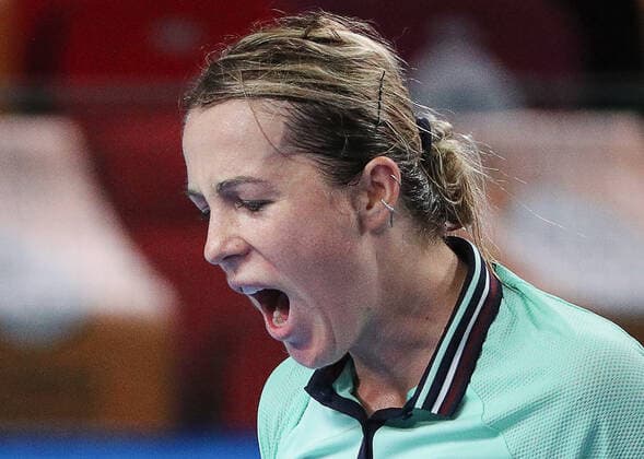 MOSCOW, RUSSIA - OCTOBER 22, 2021: Russia s Anastasia Pavlyuchenkova in her womenâ€™s singles quarterfinal tennis match against the Czech Republic s Marketa Vondrousova at the VTB Kremlin Cup 2021 at Irina Viner-Usmanova Rhythmic gymnastics, Rhythmische Sportgymnastik, RSG Center. Mikhail Tereshchenko TASS  TS115318