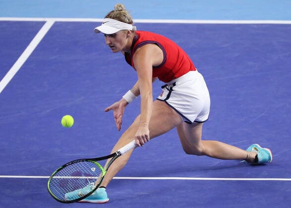 MOSCOW, RUSSIA - OCTOBER 22, 2021: The Czech Republic s Marketa Vondrousova in action in her womenâ€™s singles quarterfinal tennis match against Russia s Anastasia Pavlyuchenkova at the VTB Kremlin Cup 2021 at Irina Viner-Usmanova Rhythmic gymnastics, Rhythmische Sportgymnastik, RSG Center. Mikhail Tereshchenko TASS  TS11532C