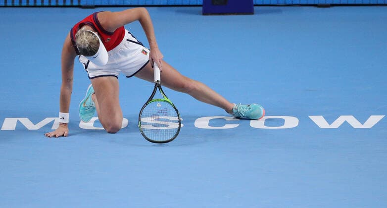 MOSCOW, RUSSIA - OCTOBER 22, 2021: The Czech Republic s Marketa Vondrousova in her womenâ€™s singles quarterfinal tennis match against Russia s Anastasia Pavlyuchenkova at the VTB Kremlin Cup 2021 at Irina Viner-Usmanova Rhythmic gymnastics, Rhythmische Sportgymnastik, RSG Center. Mikhail Tereshchenko TASS  TS11532F