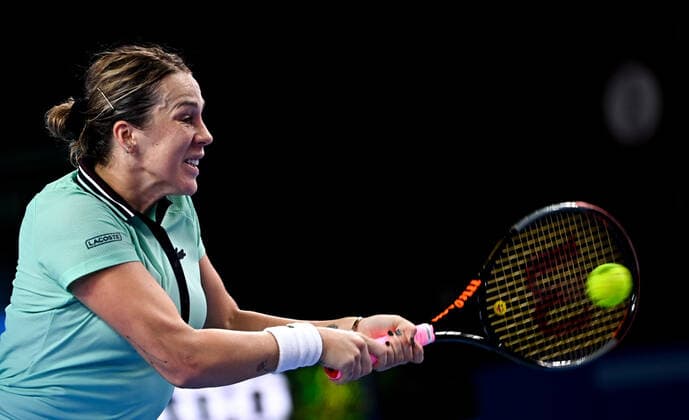6678073 22.10.2021 Russia s Anastasia Pavlyuchenkova returns a shot during the women s singles quarterfinal tennis match against Czech Republic s Marketa Vondrousova at the Kremlin Cup, in Moscow, Russia. Alexey Filippov Sputnik Russia Tennis Kremlin Cup  623d6ec5c27a5209