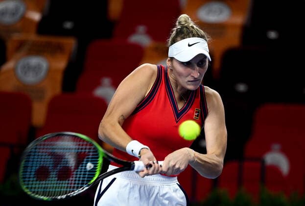 6678086 22.10.2021 Czech Republic s Marketa Vondrousova returns a shot during the women s singles quarterfinal tennis match against Russia s Anastasia Pavlyuchenkova at the Kremlin Cup, in Moscow, Russia. Alexey Filippov Sputnik Russia Tennis Kremlin Cup  dfbd7725c3616c3c
