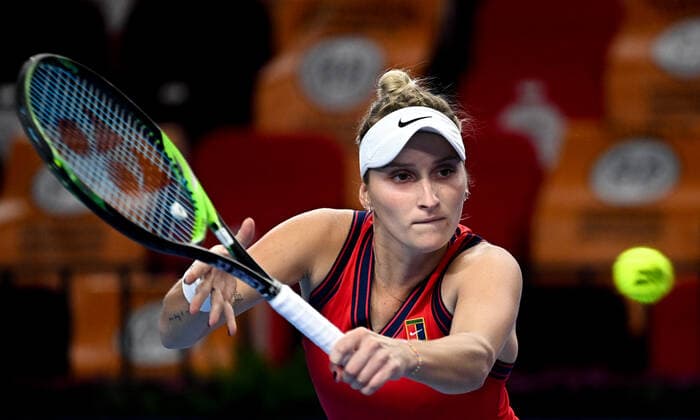6678129 22.10.2021 Czech Republic s Marketa Vondrousova returns a shot during the women s singles quarterfinal tennis match against Russia s Anastasia Pavlyuchenkova at the Kremlin Cup, in Moscow, Russia. Alexey Filippov Sputnik Russia Tennis Kremlin Cup  824956da8e446eaa