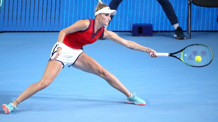 MOSCOW, RUSSIA - OCTOBER 22, 2021: The Czech Republic s Marketa Vondrousova in action in her womenâ€™s singles quarterfinal tennis match against Russia s Anastasia Pavlyuchenkova at the VTB Kremlin Cup 2021 at Irina Viner-Usmanova Rhythmic gymnastics, Rhythmische Sportgymnastik, RSG Center. Mikhail Tereshchenko TASS  TS115360
