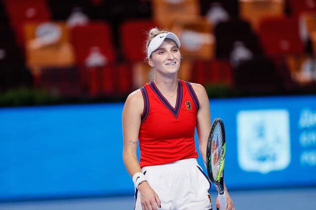 VTB Kremlin Cup 2021 International Tennis Tournament Marketa Vondrousova of Czech Republic smiles during the women s singles quarterfinal tennis match of the WTA, Tennis Damen 500 VTB Kremlin Cup 2021 International Tennis Tournament against Anastasia Pavlyuchenkova of Russia at the Irina Viner-Usmanova Gymnastics Palace on October 22, 2021 in Moscow, Russia. Moscow Russia  Copyright: xMikexKireevx kireev-notitle211022_npXMx