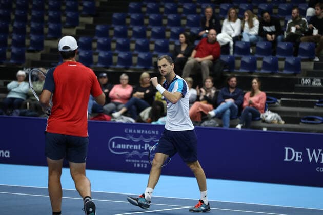 Ukrainian Denys Molchanov and Kazach Aleksandr Nedovyesov pictured during a doubles men game between Ukrainian Molchanov and Kazach Nedovyesov and French pair Mahut and Martin, a semi finals game at the European Open Tennis ATP, Tennis Herren tournament, in Antwerp, Friday 22 October 2021. DAVIDxPINTENS  x3120567x