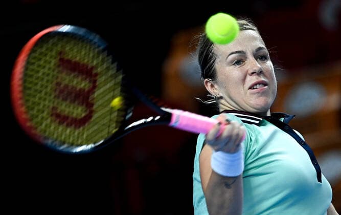 6678106 22.10.2021 Russia s Anastasia Pavlyuchenkova returns a shot during the women s singles quarterfinal tennis match against Czech Republic s Marketa Vondrousova at the Kremlin Cup, in Moscow, Russia. Alexey Filippov Sputnik Russia Tennis Kremlin Cup  bf76f569671fe6fb