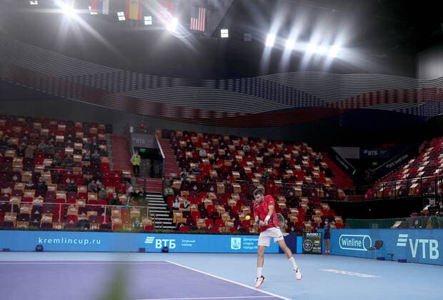 MOSCOW, RUSSIA - OCTOBER 22, 2021: Spain s Pedro Martinez in action in his singles quarterfinal tennis match against Croatiaâ€™s Marin Cilic at the VTB Kremlin Cup 2021 at Irina Viner-Usmanova Rhythmic gymnastics, Rhythmische Sportgymnastik, RSG Center. Mikhail Tereshchenko TASS  TS1153F0