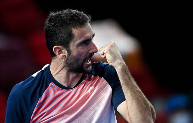 6678281 22.10.2021 Croatia s Marin Cilic reacts during the men s singles quarterfinal tennis match against Spain s Pedro Martinez at the Kremlin Cup, in Moscow, Russia. Alexey Filippov Sputnik Russia Tennis Kremlin Cup  779b3d8693e2d00d