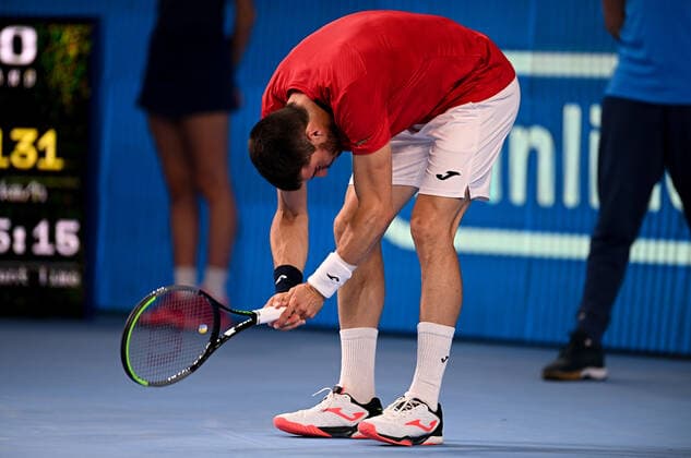 6678282 22.10.2021 Spain s Pedro Martinez reacts during the men s singles quarterfinal tennis match against Croatia s Marin Cilic at the Kremlin Cup, in Moscow, Russia. Alexey Filippov Sputnik Russia Tennis Kremlin Cup  33669f0299ea5ef6