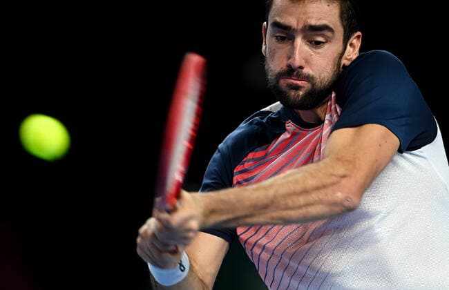 6678284 22.10.2021 Croatia s Marin Cilic returns a shot during the men s singles quarterfinal tennis match against Spain s Pedro Martinez at the Kremlin Cup, in Moscow, Russia. Alexey Filippov Sputnik Russia Tennis Kremlin Cup  4567a98a09ca944