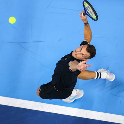 Hungarian Marton Fucsovics pictured in action during a singles match between Hungarian Fucsovics and South African Harris, in the 1 4 finals of the European Open Tennis ATP, Tennis Herren tournament, in Antwerp, Friday 22 October 2021. DAVIDxPINTENS  x3120722x