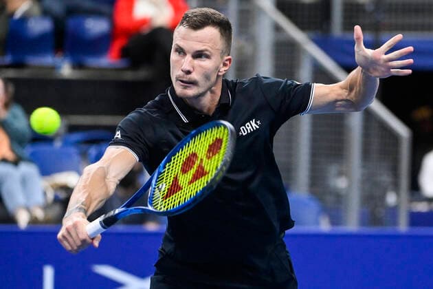Hungarian Marton Fucsovics pictured in action during a singles match between Hungarian Fucsovics and South African Harris, in the 1 4 finals of the European Open Tennis ATP, Tennis Herren tournament, in Antwerp, Friday 22 October 2021. LAURIExDIEFFEMBACQ  x3120769x