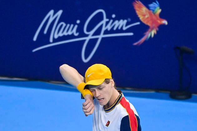 Italian Jannik Sinner reacts during a singles match between Italian Sinner and French Rinderknech, in the 1 4 finals of the European Open Tennis ATP, Tennis Herren tournament, in Antwerp, Friday 22 October 2021. LAURIExDIEFFEMBACQ  x3120827x