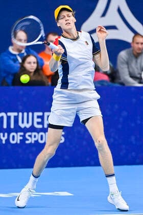 Italian Jannik Sinner pictured in action during a singles match between Italian Sinner and French Rinderknech, in the 1 4 finals of the European Open Tennis ATP, Tennis Herren tournament, in Antwerp, Friday 22 October 2021. LAURIExDIEFFEMBACQ  x3120832x