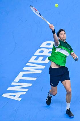 French Arthur Rinderknech pictured in action during a singles match between Italian Sinner and French Rinderknech, in the 1 4 finals of the European Open Tennis ATP, Tennis Herren tournament, in Antwerp, Friday 22 October 2021. LAURIExDIEFFEMBACQ  x3120846x
