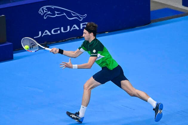 French Arthur Rinderknech pictured in action during a singles match between Italian Sinner and French Rinderknech, in the 1 4 finals of the European Open Tennis ATP, Tennis Herren tournament, in Antwerp, Friday 22 October 2021. LAURIExDIEFFEMBACQ  x3120849x