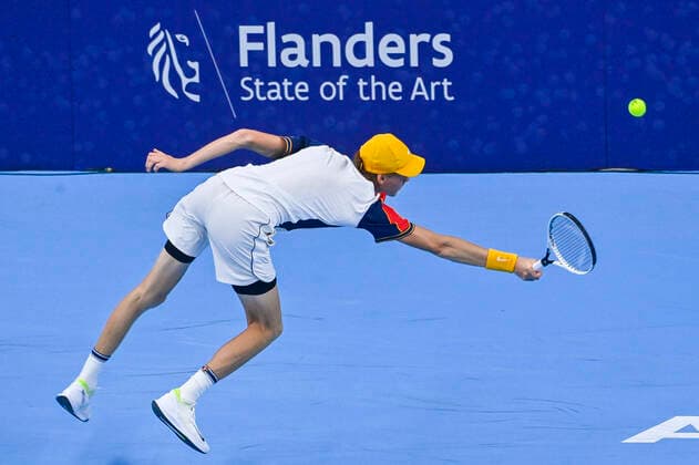 Italian Jannik Sinner pictured in action during a singles match between Italian Sinner and French Rinderknech, in the 1 4 finals of the European Open Tennis ATP, Tennis Herren tournament, in Antwerp, Friday 22 October 2021. LAURIExDIEFFEMBACQ  x3120863x