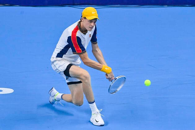 Italian Jannik Sinner pictured in action during a singles match between Italian Sinner and French Rinderknech, in the 1 4 finals of the European Open Tennis ATP, Tennis Herren tournament, in Antwerp, Friday 22 October 2021. LAURIExDIEFFEMBACQ  x3120865x