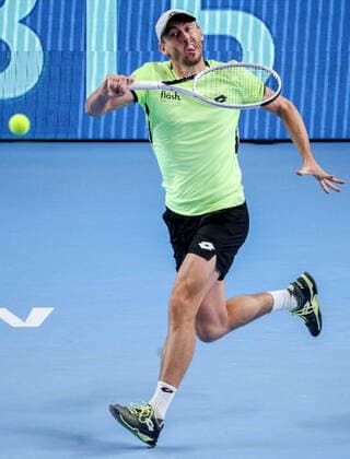 MOSCOW, RUSSIA - OCTOBER 22, 2021: Australia s John Millman in action in his singles quarterfinal tennis match against Russia s Karen Khachanov at the VTB Kremlin Cup 2021 at Irina Viner-Usmanova Rhythmic gymnastics, Rhythmische Sportgymnastik, RSG Center. Mikhail Tereshchenko TASS  TS115448