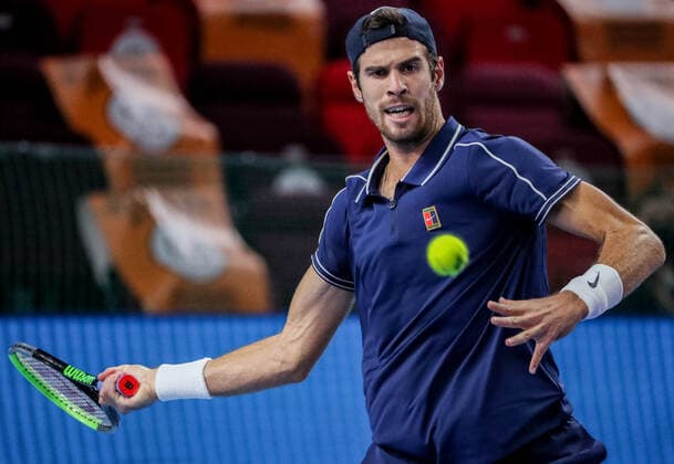 MOSCOW, RUSSIA - OCTOBER 22, 2021: Russia s Karen Khachanov in action in his singles quarterfinal tennis match against Australia s John Millman at the VTB Kremlin Cup 2021 at Irina Viner-Usmanova Rhythmic gymnastics, Rhythmische Sportgymnastik, RSG Center. Mikhail Tereshchenko TASS  TS11544E