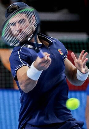 MOSCOW, RUSSIA - OCTOBER 22, 2021: Russia s Karen Khachanov in action in his singles quarterfinal tennis match against Australia s John Millman at the VTB Kremlin Cup 2021 at Irina Viner-Usmanova Rhythmic gymnastics, Rhythmische Sportgymnastik, RSG Center. Mikhail Tereshchenko TASS  TS115460