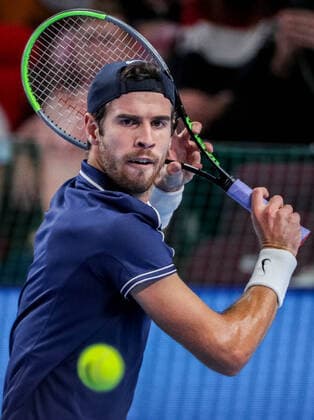 MOSCOW, RUSSIA - OCTOBER 22, 2021: Russia s Karen Khachanov in action in his singles quarterfinal tennis match against Australia s John Millman at the VTB Kremlin Cup 2021 at Irina Viner-Usmanova Rhythmic gymnastics, Rhythmische Sportgymnastik, RSG Center. Mikhail Tereshchenko TASS  TS115461