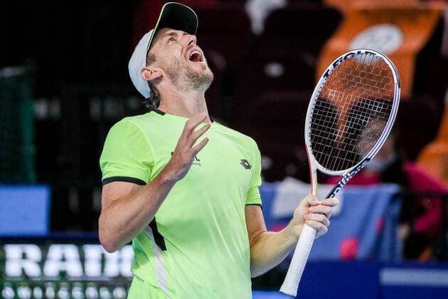 MOSCOW, RUSSIA - OCTOBER 22, 2021: Australia s John Millman in action in his singles quarterfinal tennis match against Russia s Karen Khachanov at the VTB Kremlin Cup 2021 at Irina Viner-Usmanova Rhythmic gymnastics, Rhythmische Sportgymnastik, RSG Center. Mikhail Tereshchenko TASS  TS11546B