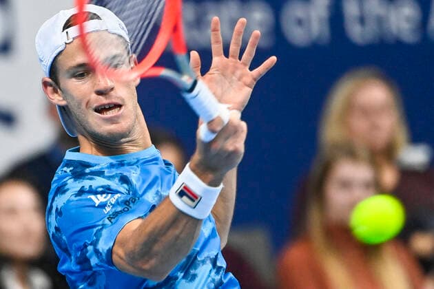 Argentina s Diego Schwartzman pictured in action during a singles tennis match between Argentinian Schwartzman and US Nakashima, in the 1 4 finals of the European Open Tennis ATP, Tennis Herren tournament, in Antwerp, Friday 22 October 2021. LAURIExDIEFFEMBACQ  x3121019x