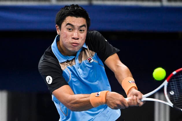 US Brandon Nakashima pictured in action during a singles tennis match between Argentinian Schwartzman and US Nakashima, in the 1 4 finals of the European Open Tennis ATP, Tennis Herren tournament, in Antwerp, Friday 22 October 2021. LAURIExDIEFFEMBACQ  x3121057x