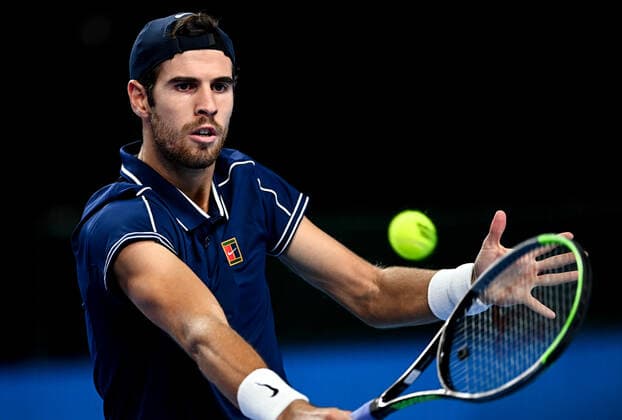 6678607 22.10.2021 Russia s Karen Khachanov returns a shot during the men s singles quarterfinal tennis match against Australia s John Millman at the Kremlin Cup, in Moscow, Russia. Alexey Filippov Sputnik Russia Tennis Kremlin Cup  202eec42baf4e200