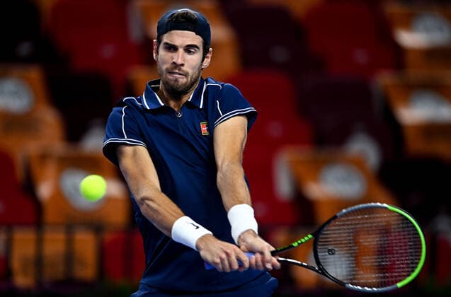 6678609 22.10.2021 Russia s Karen Khachanov returns a shot during the men s singles quarterfinal tennis match against Australia s John Millman at the Kremlin Cup, in Moscow, Russia. Alexey Filippov Sputnik Russia Tennis Kremlin Cup  ff13b62f3efadd83