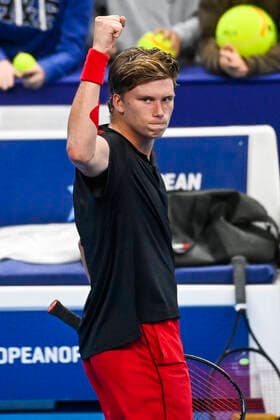 US Jenson Brooksby celebrates after winning a singles match between US Brooksby and Spanish Fokina, in the 1 4 finals of the European Open Tennis ATP, Tennis Herren tournament, in Antwerp, Friday 22 October 2021. LAURIExDIEFFEMBACQ  x3121331x