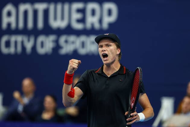 US Jenson Brooksby pictured during a singles match between US Brooksby and Spanish Fokina, in the 1 4 finals of the European Open Tennis ATP, Tennis Herren tournament, in Antwerp, Friday 22 October 2021. DAVIDxPINTENS  x3121360x